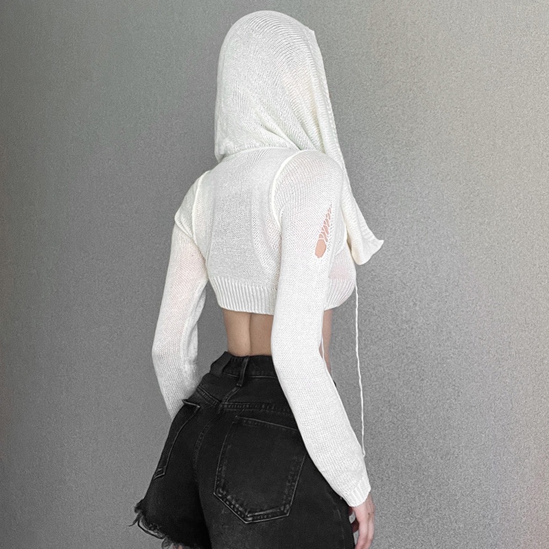 Áo Croptop Dệt Kim Tay Dài Có Mũ Trùm Thời Trang Cho Nữ