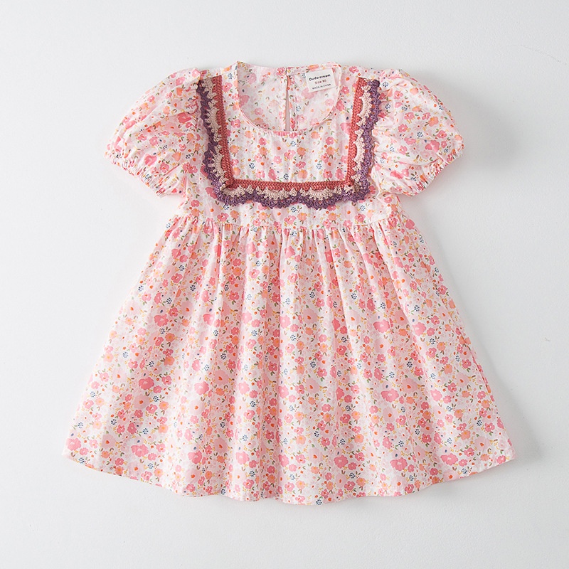 Đầm Công Chúa Mùa Hè Dáng Chữ A Tay Phồng Cổ Vuông Bằng Vải Cotton Phối Ren Hoa Thoáng Khí Thoải Mái Cho Bé Gái 2-7 Tuổi