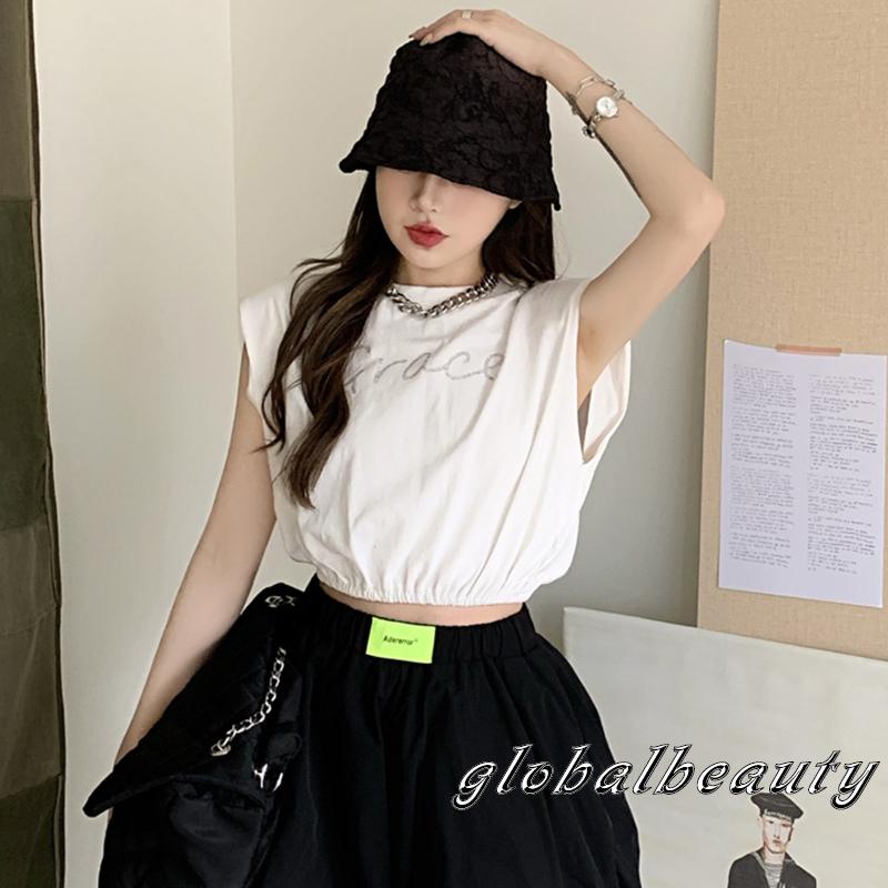 Áo Croptop Sát Nách Cổ Tròn Dáng Rộng In Chữ Đính Đá 00GB Cho Nữ