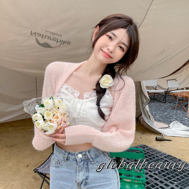 Áo Khoác Cardigan Dệt Kim Tay Dài Chống Nắng Màu Trơn Hở Phía Trước Bolero Shrug Cho Nữ