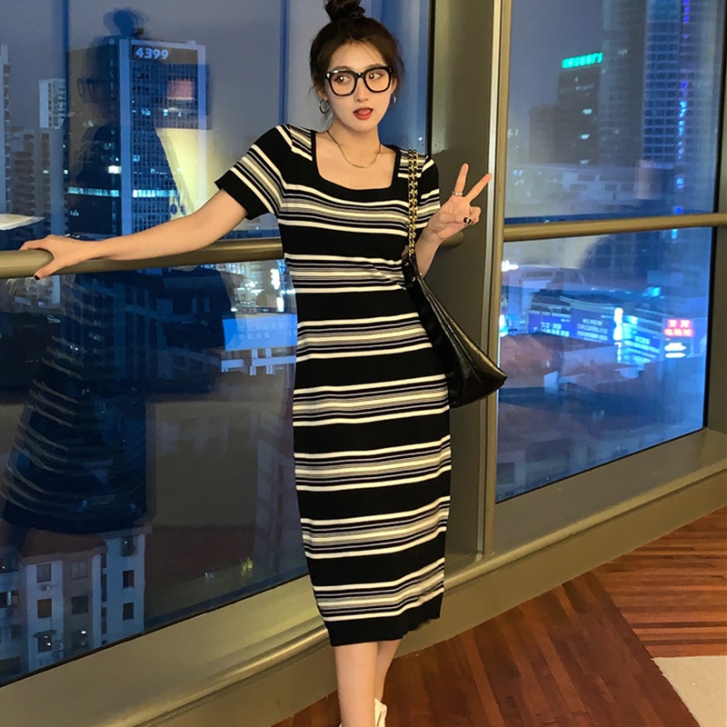 IELGY  Đầm Midi Dệt Kim Tay Ngắn Dáng Rộng Họa Tiết Kẻ Sọc Thời Trang Xinh Xắn Cho Nữ