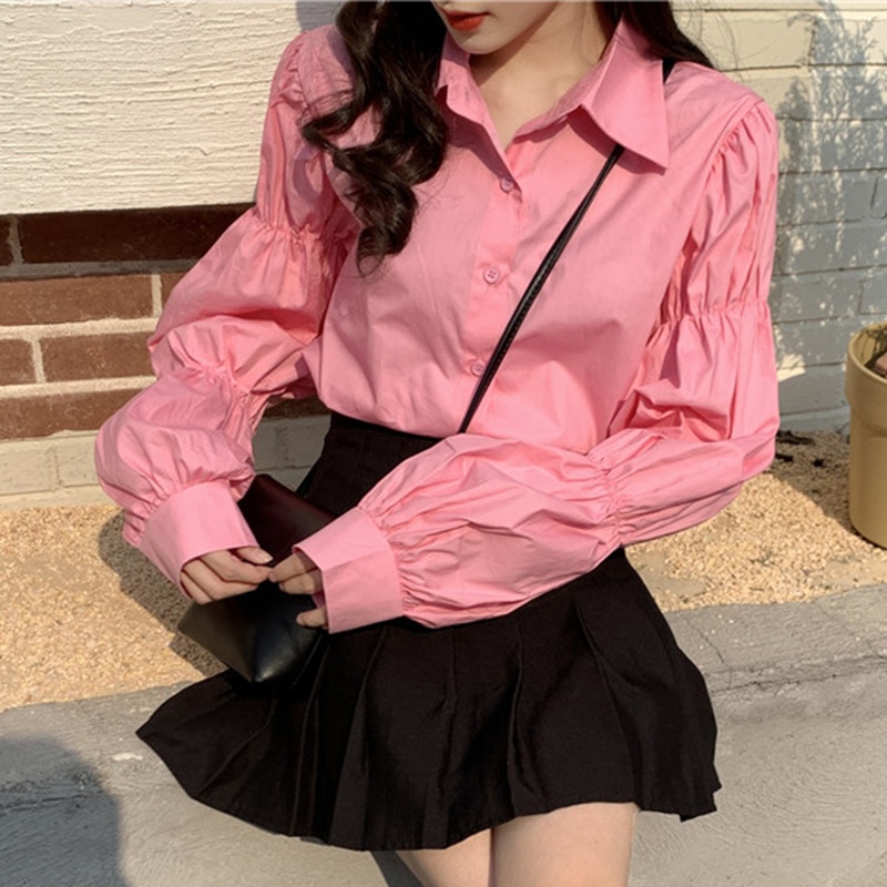 IELGY  Áo Sơ Mi Tay Phồng Xếp Ly Màu Trơn IELGY   xiaozhong Thời Trang Cho Nữ