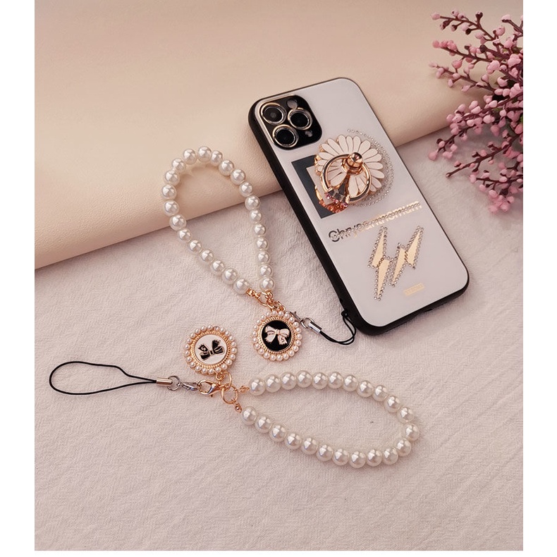 Ốp Điện Thoại Đính Ngọc Trai Có Dây Đeo Tay Thời Trang Dành Cho Nữ