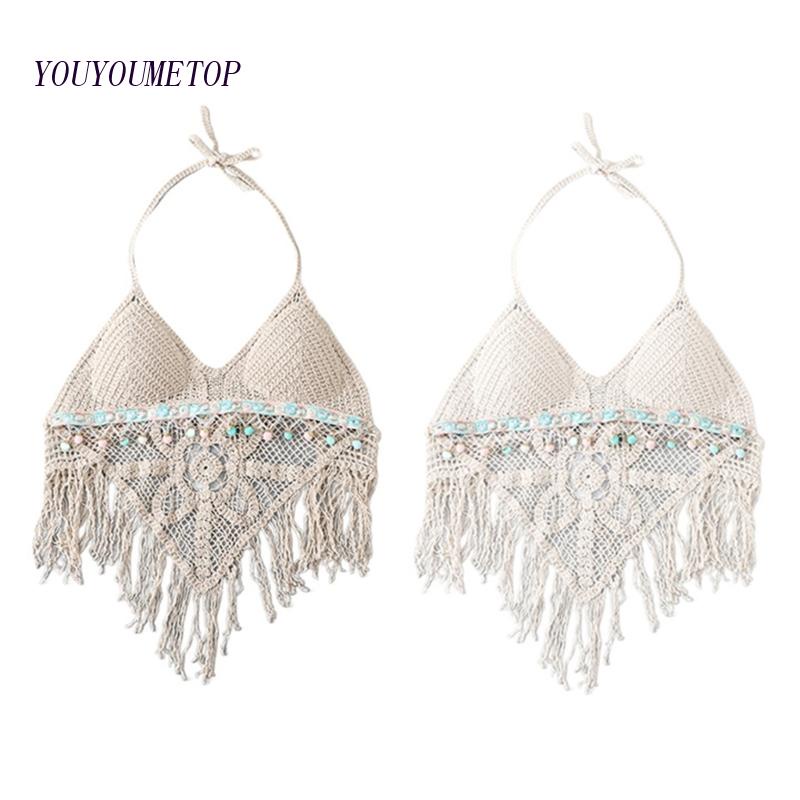 Youyo Áo Lót Dệt Kim Hở Lưng Phối Tua Rua Và Bóng Lông Thời Trang Đi Biển Cho Nữ