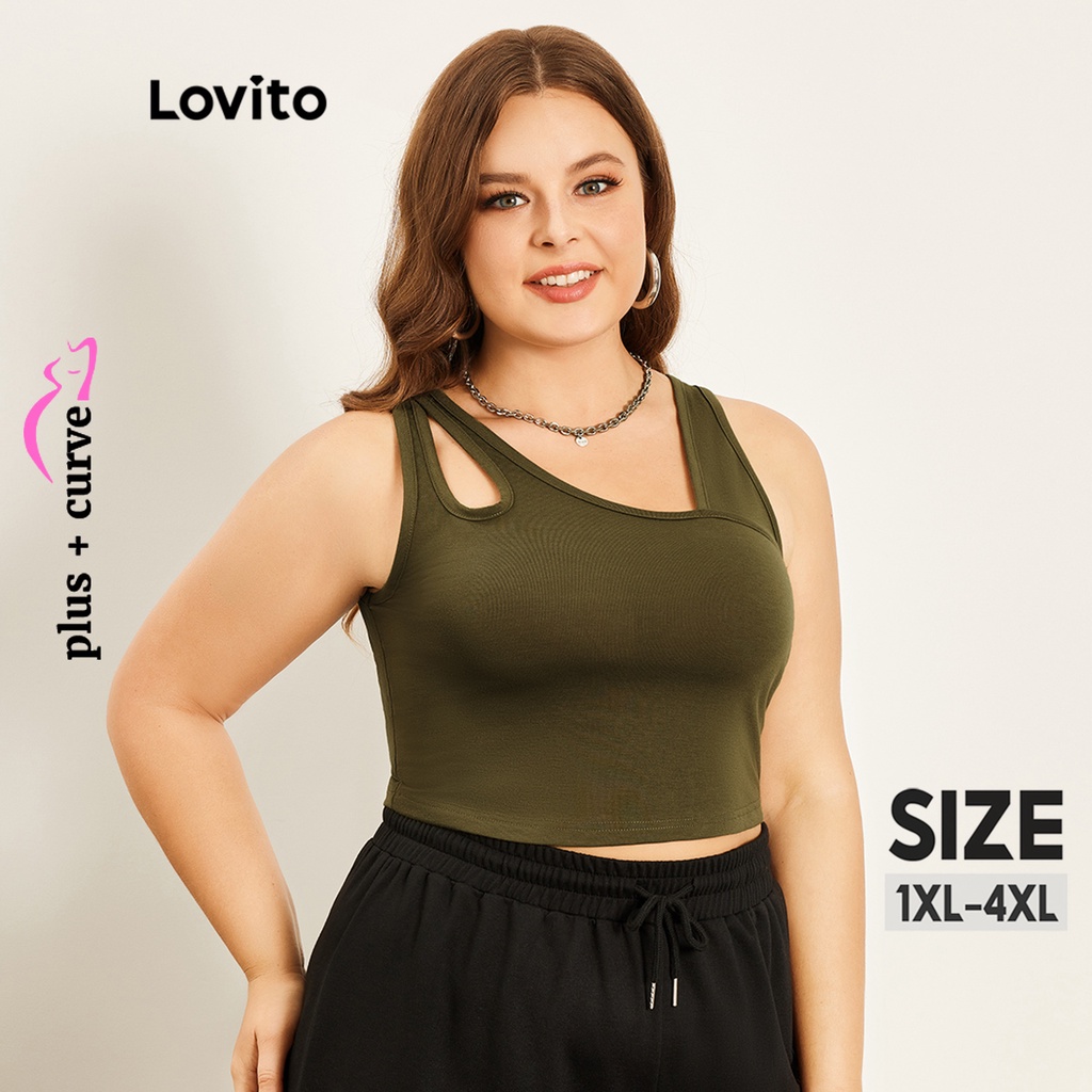 Áo tank top LOVITO dáng ngắn bất đối xứng khoét lỗ màu trơn viền cong size lớn thường ngày cho nữ LPS07003 (màu xanh lá)