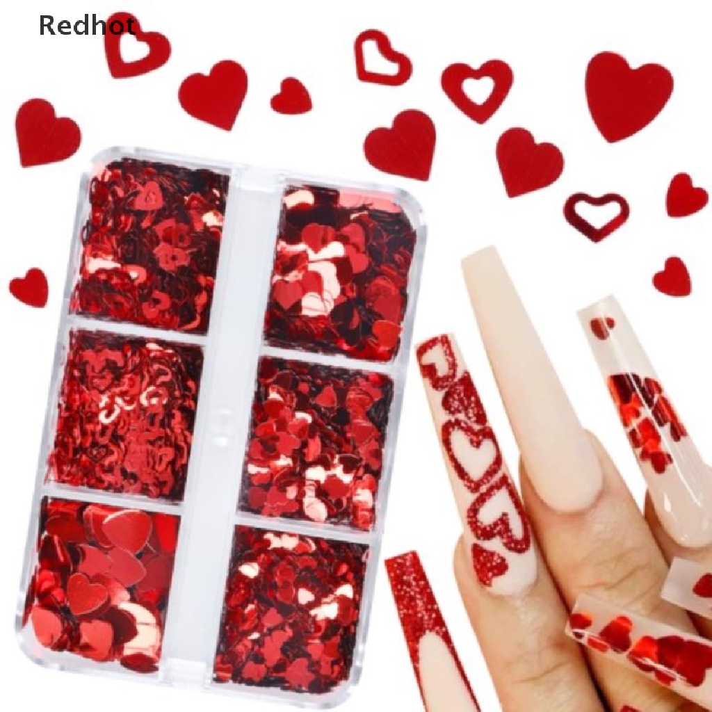 &lt; Redhot &gt; Hộp 6 Ngăn Kim Sa Hình Trái Tim Đỏ Lấp Lánh Trang Trí Móng Tay Nghệ Thuật