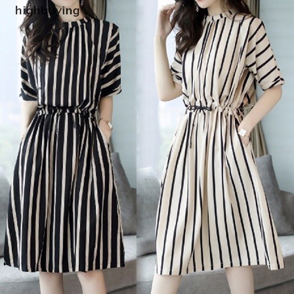 Hbvn Belle Đầm Midi Cổ Tròn Tay Lỡ Phối Túi Họa Tiết Kẻ Sọc Thời Trang Thu Hè Hàn Quốc Thanh Lịch Cho Nữ