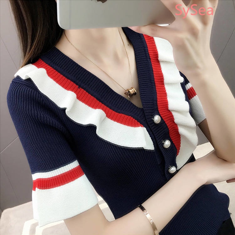 Áo Dệt Kim Cổ Chữ V Phối Bèo Thời Trang Mùa Hè Phong Cách Retro Cho Nữ