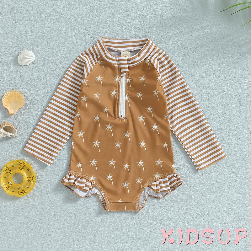Bộ Đồ Bơi Bikini Cổ Đứng Tay Dài In Họa Tiết Cây Dừa Kẻ Sọc Thời Trang Mùa Hè Cho Bé Gái 1 Tuổi