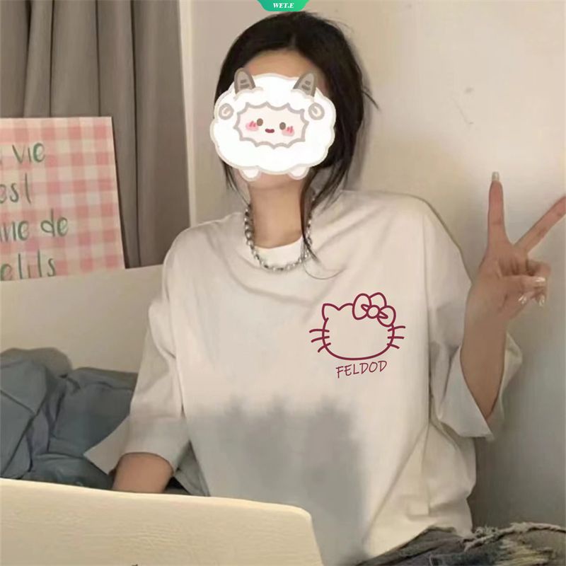 Áo Thun Cotton Tay Ngắn In Hình Mèo Sanrio Katy Thời Trang Mùa Hè 2023
