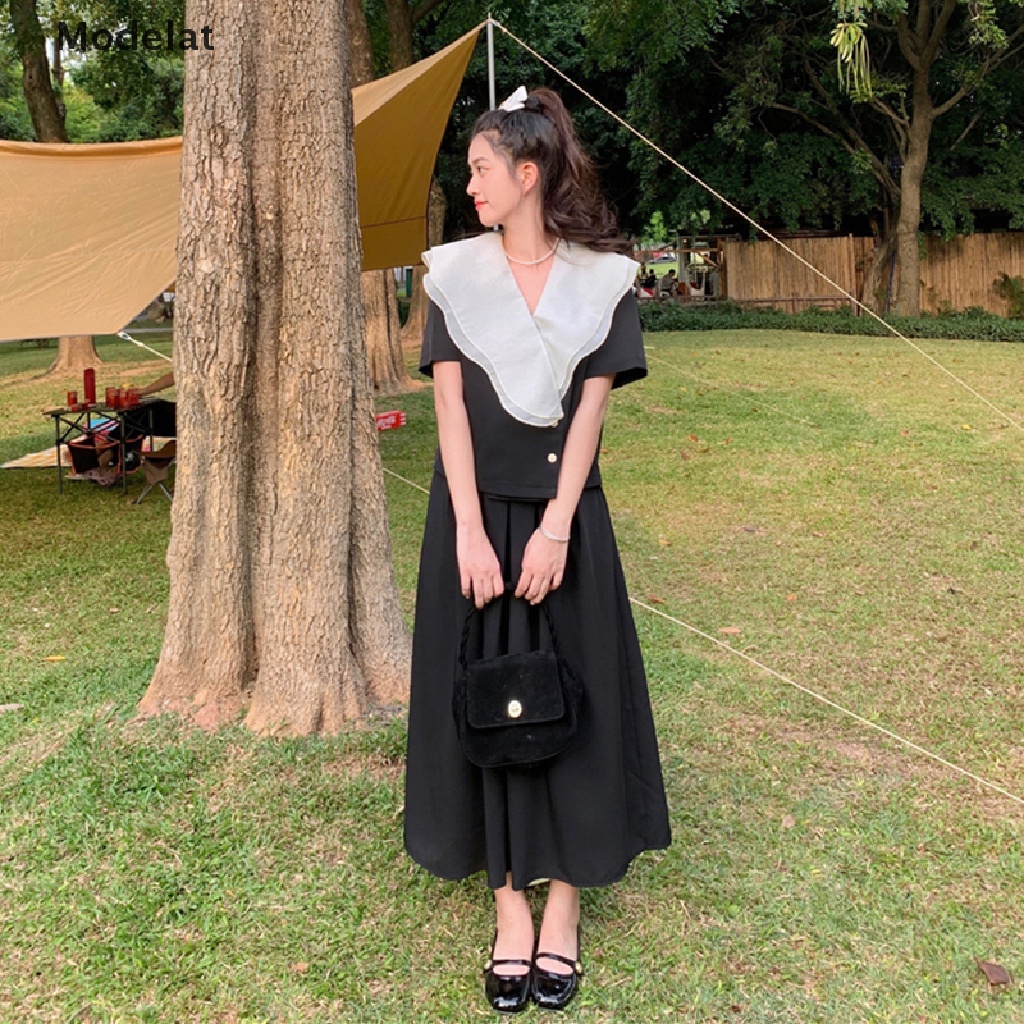 Bộ Áo Cổ Chữ V Phối Bèo + Chân Váy Dài Phong Cách Pháp Thanh Lịch Thời Trang Mùa Hè Cho Nữ