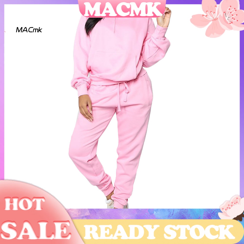 Bộ Đồ Thể Thao Áo Hoodie Tay Dài Phối Quần Dài Màu Trơn Thời Trang Cho Nữ