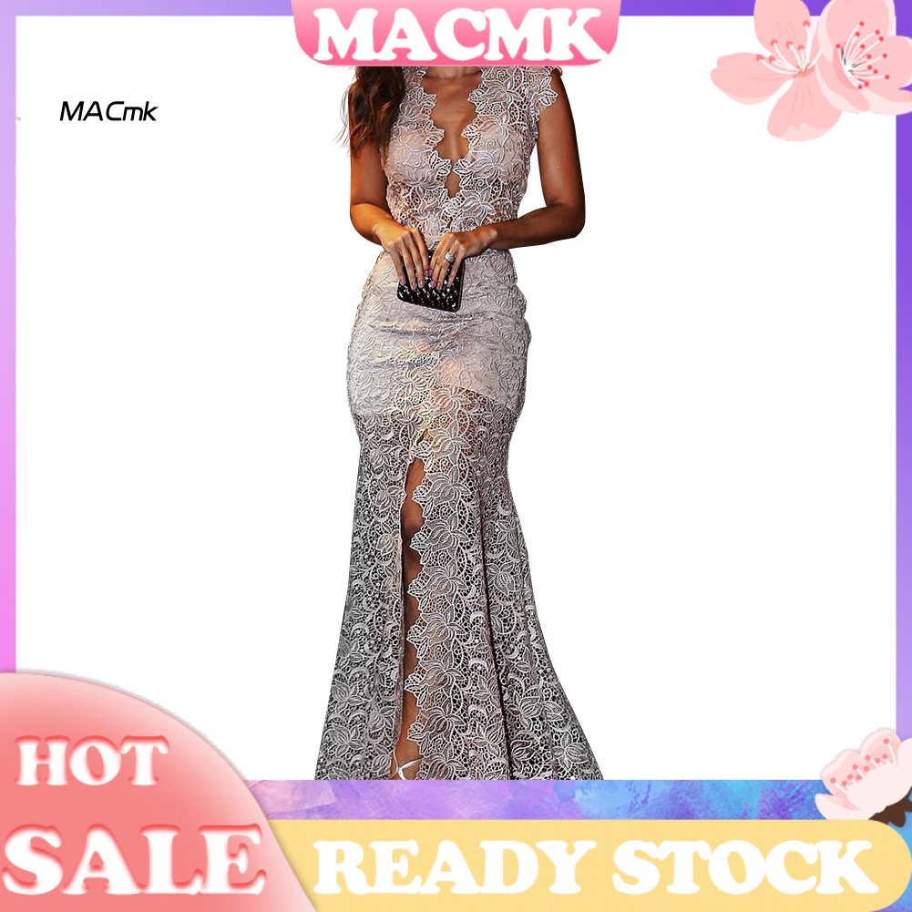 Đầm Maxi Không Tay Cổ Chữ V Xẻ Sâu Phối Ren Gợi Cảm