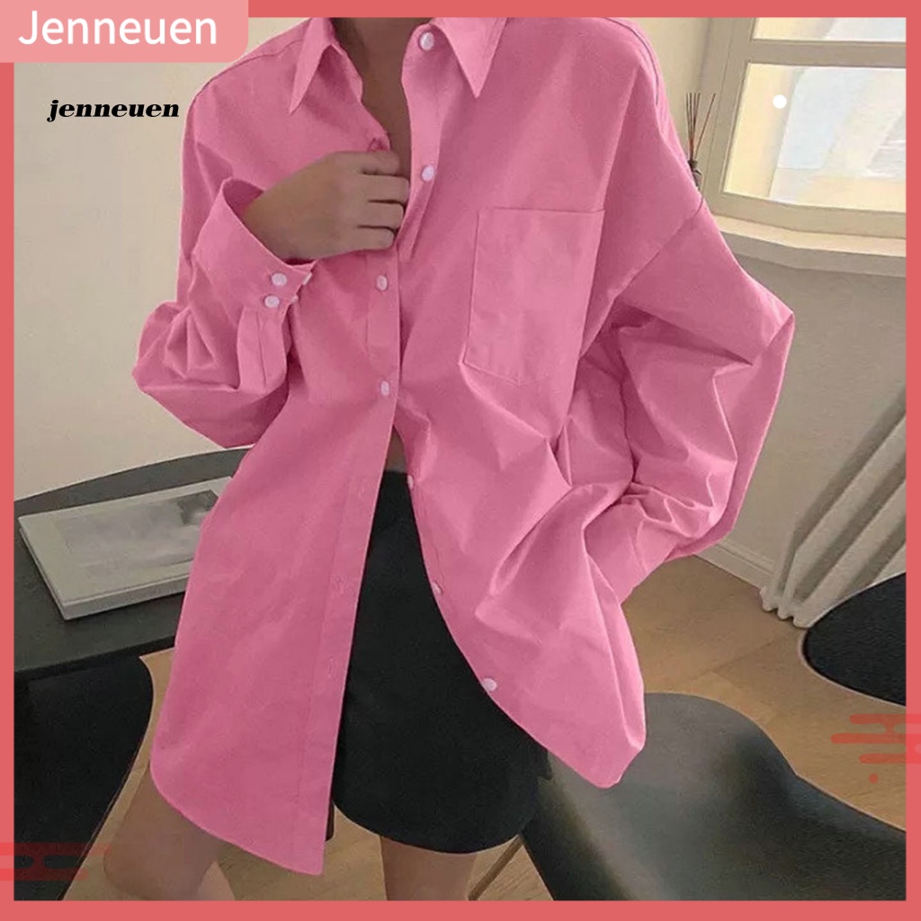 Áo Sơ Mi Dài Tay Màu Trơn Có Túi Thời Trang Cho Nữ