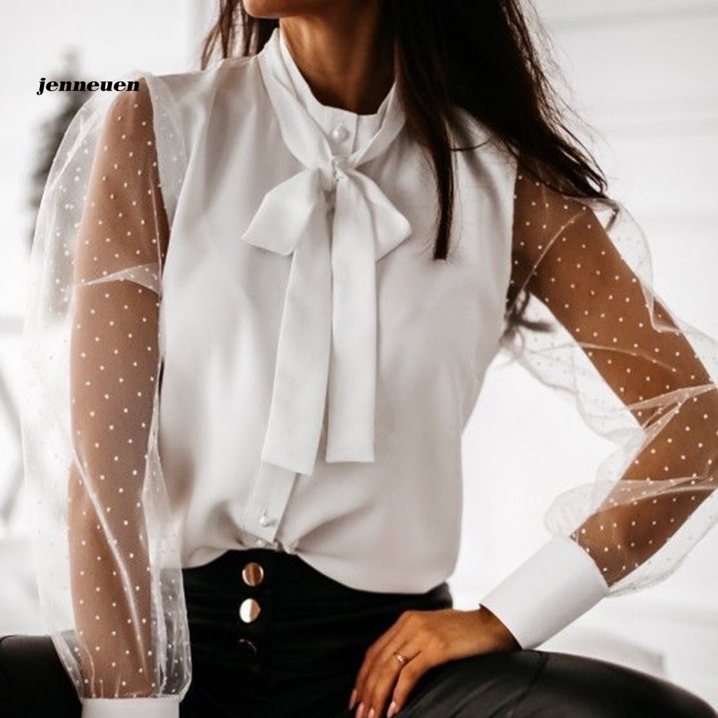 Áo Sơ Mi Tay Dài Vải Lưới Xuyên Thấu Cài Nút Họa Tiết Chấm Bi Thời Trang Cho Nữ