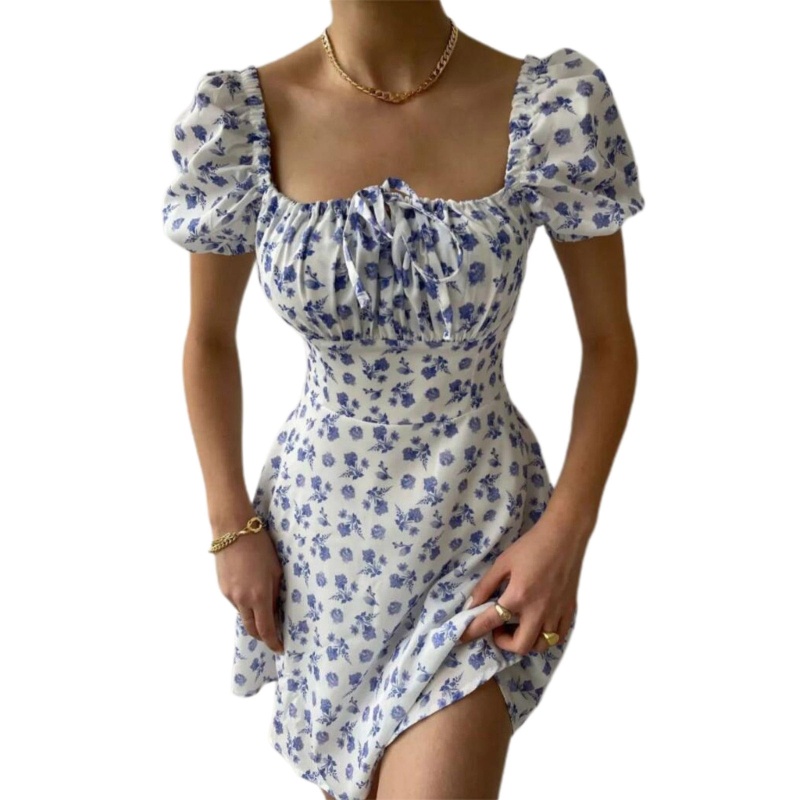R Womens Tie Front Square Neck Puff Short Sleeve High Waist Mini Dress Vintage Floral Print A-Line Pleated Swing Dresses