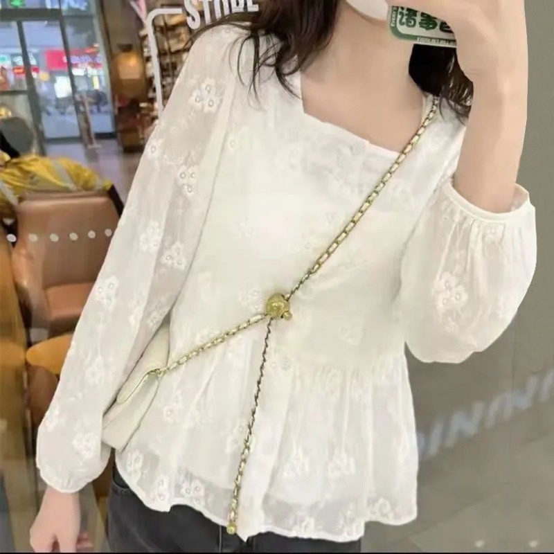 Áo Sơ Mi Tay Dài Cổ Vuông Thêu Hoa Xinh Xắn Dễ Phối Đồ Thời Trang Cho Nữ