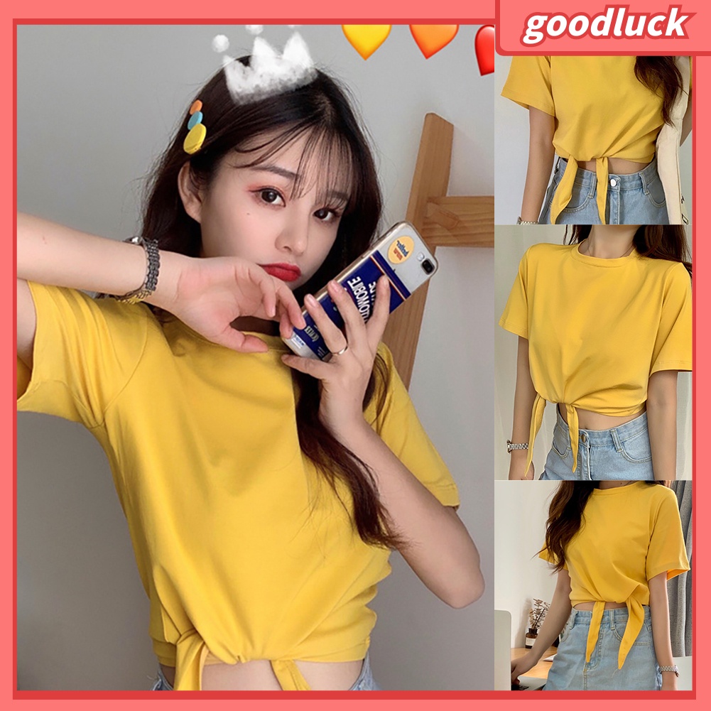 Áo Thun Tay Ngắn Cổ Tròn Màu Trơn Thắt Nút Độc Đáo Thời Trang Mùa Hè Cho Nữ