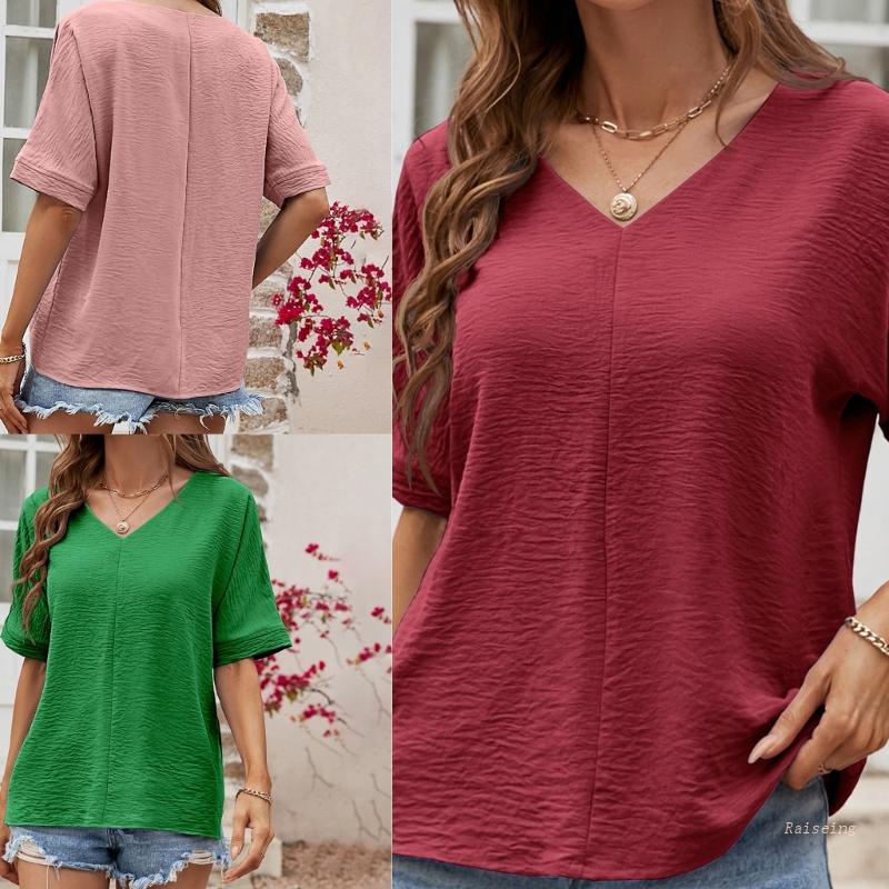 Áo Thun Raglan Tay Lửng Cổ Chữ V Màu Sắc Đơn Giản Cho Nữ