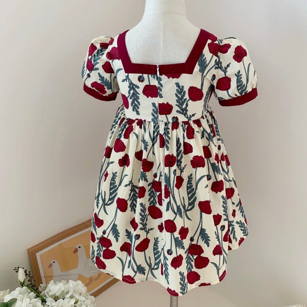 Đầm Công Chúa Mùa Hè Tay Cộc Phồng Đính Nơ Hợp Thời Trang Cho Bé Gái