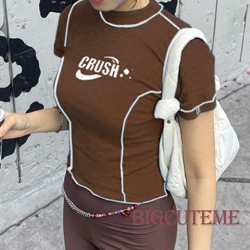 [] Áo Thun Crop Top Nữ Cổ Tròn Tay Ngắn In Chữ Stitch Màu Nâu Tương Phản