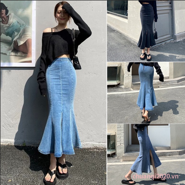 【CQ】Chân Váy Jean Chữ A Đuôi Cá Cạp Cao Cá Tính Thời Trang Xuân Hè
