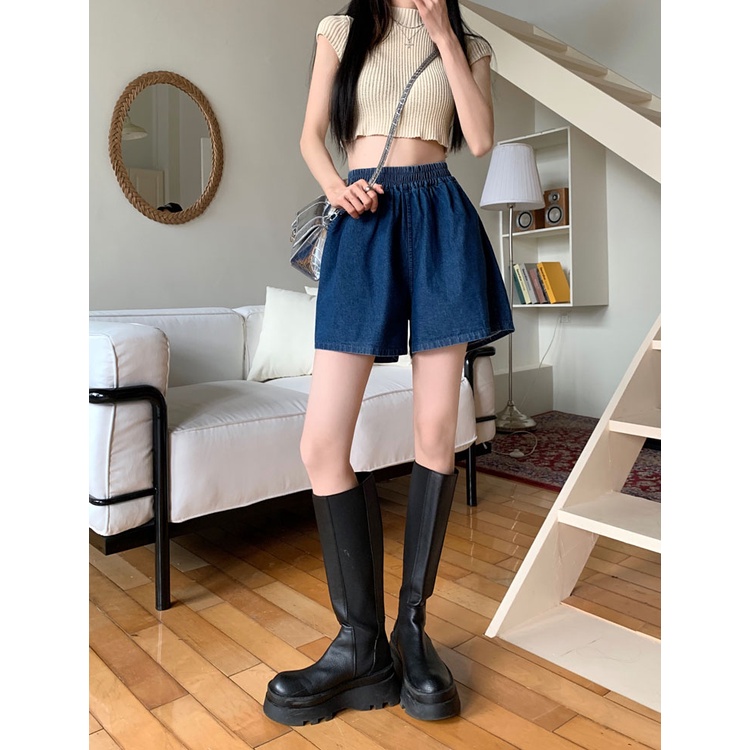 Quần Short Denim Lưng Thun Ống Rộng Thời Trang Mùa Hè Hàn Quốc Mới