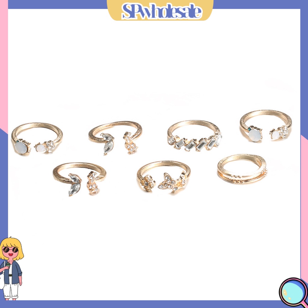 &lt;SPwholesale&gt; Set 7 Nhẫn Đeo Khớp Ngón Tay Họa Tiết Hoa Bướm Đính Đá Lấp Lánh Thời Trang Cho Nữ