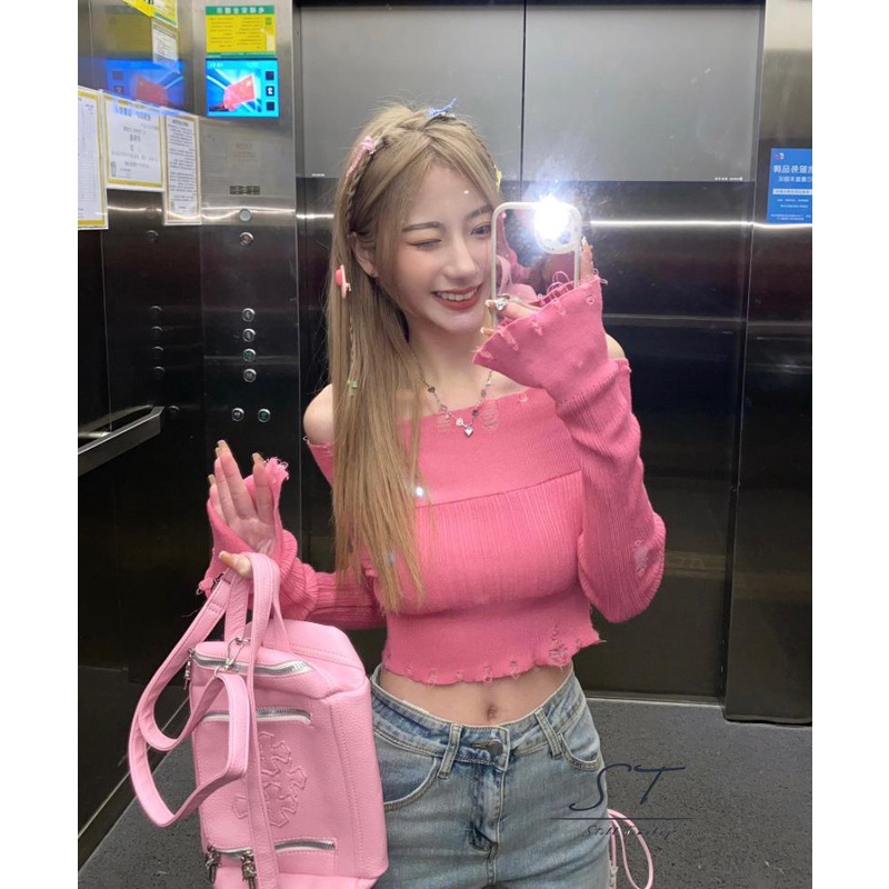 Áo Croptop Dệt Kim Trễ Vai Tay Dài Màu Trơn Thời Trang Đường Phố Cho Nữ
