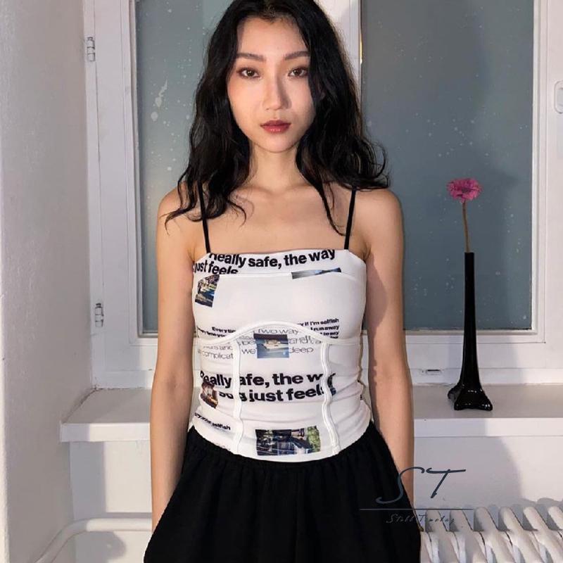 Áo Hai Dây Cổ Vuông In Họa Tiết Chữ Thời Trang CY03 Cho Nữ