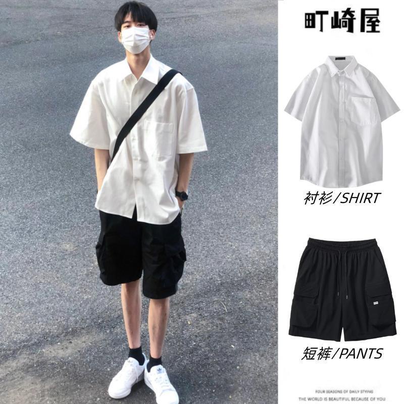 【luckin men's】áo sơ mi nam+quần short nam，áo thun nam，quần đùi nam，Set Áo Sơ Mi Trắng Ngắn Tay + Quần short Thời Trang Nam，áo phông nam，đen， trắng，quần túi hộp，quần ống suông，thời trang nam，đồ bộ nam，