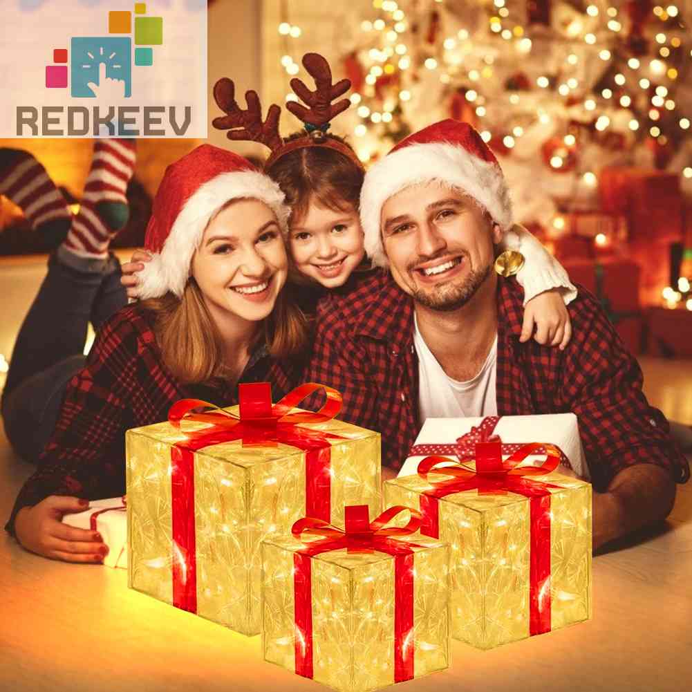 Hộp Quà Giáng Sinh Có Đèn LED Và Nơ Trang Trí Cây Thông Noel