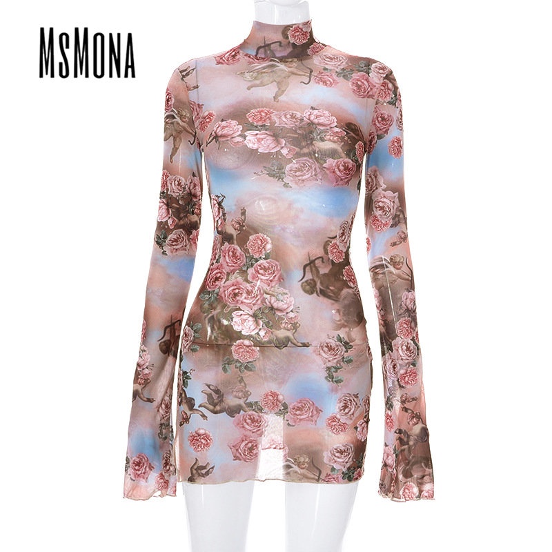 Đầm Tay Dài Cổ Lọ Phối Lưới Xuyên Thấu Quyến Rũ Thời Trang 2023 Cho Nữ