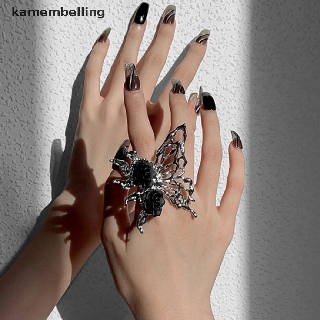 Kamembelling Nhẫn Kim Loại Dạng Mở Hình Bướm Hoa Hồng Đen Phong Cách Punk Vintage Có Thể Điều Chỉnh Làm Quà Tặng Trang Sức Cho Nữ