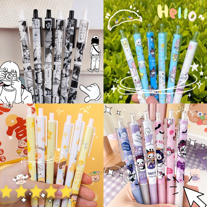 Set 6 Bút Mực Gel Đen Phim hoạt hình dễ thương Hàn Quốc bút mùa xuân văn phòng phẩm