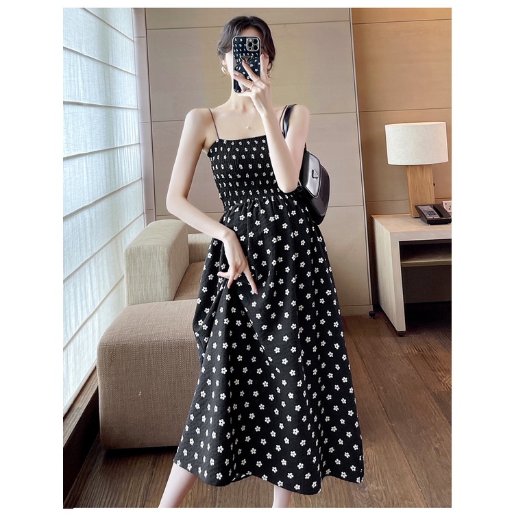 Đầm Hai Dây Dáng Dài Mỏng Co Giãn Họa Tiết Hoa Cúc Nhỏ hka055