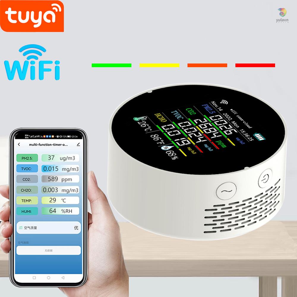 Thiết Bị Đo Độ Ẩm Không Khí Kết Nối Wifi 7 Trong 1 PM2.5 CO2 TVOC HCHO AQI Có Màn Hình Hiển Thị Màu