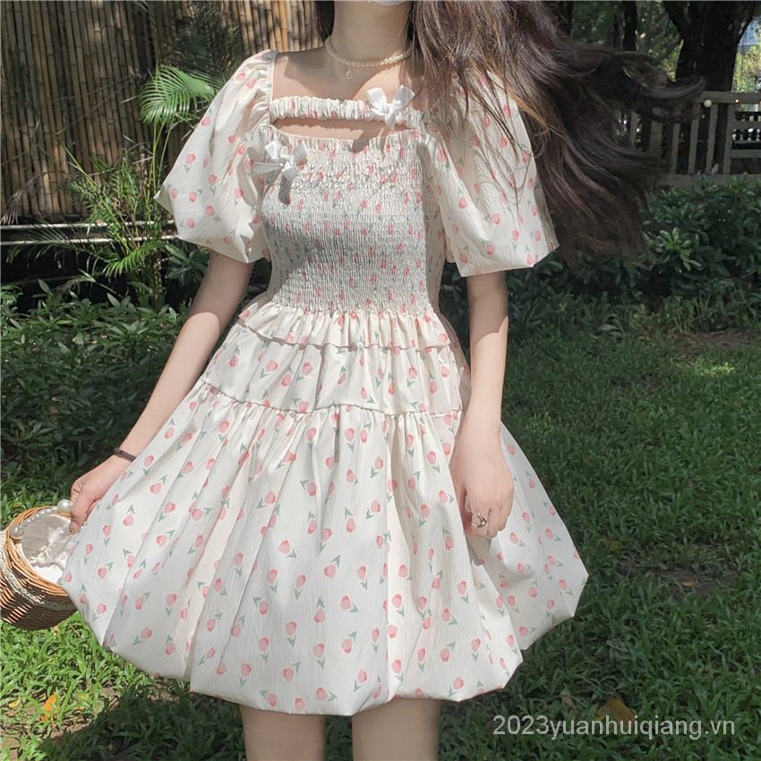 Phong Cách Pháp Voan / Váy Hoa / Đầm Hoa Tay Phồng Eo Cao / Phong Cách Tình Yêu Đầu Tiên / Phong Cách Nhẹ Nhàng / Váy Ngắn Giảm Béo / Đầm Ngắn
