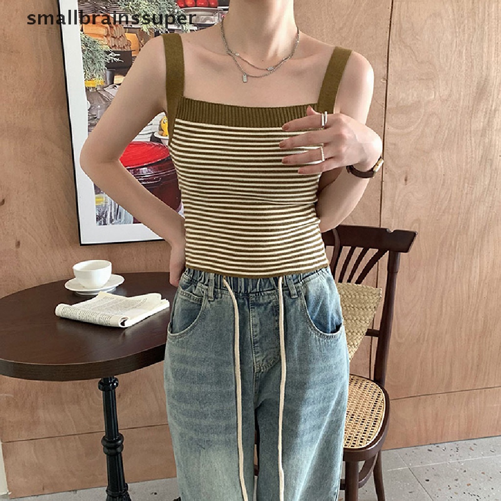 Áo Croptop Dệt Kim Không Tay Dáng Ôm In Họa Tiết Kẻ Sọc Kiểu Vintage Thời Trang Mùa Hè Cho Bạn Gái SBS