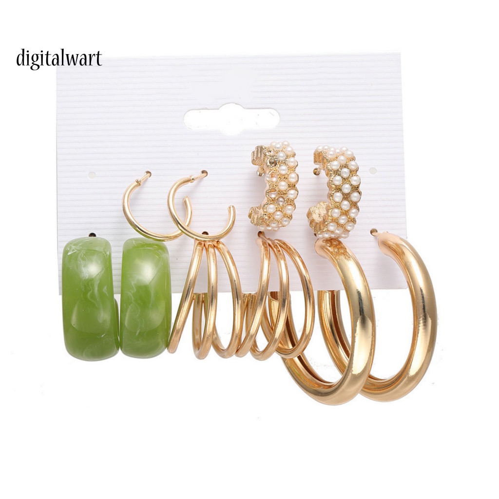 Kỹ Thuật Số| Set 5 Đôi Khuyên Tai Tròn Đính Ngọc Trai Nhân Tạo Phong Cách Bohemian Thời Trang