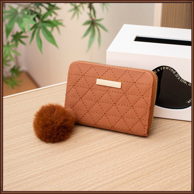 Ví Ngắn Bằng Da Pu Màu Trơn Thêu Họa Tiết Có Nhiều Ngăn Đựng Thẻ Và Bóng Lông Cho Nữ