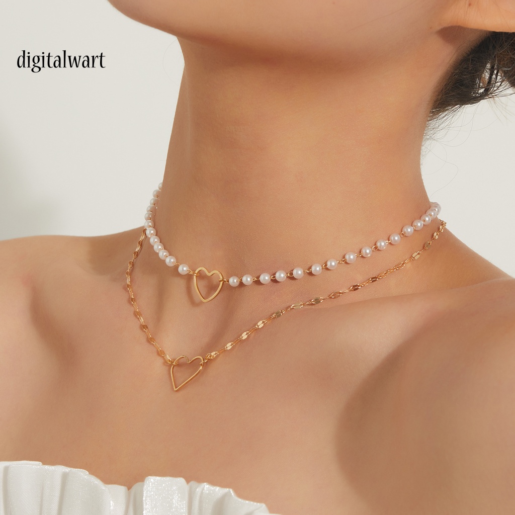 Kỹ Thuật Số| Vòng cổ Hai Lớp Mặt Hình Trái Tim Đính Ngọc Trai Nhân Tạo Thời Trang Dành Cho Nữ