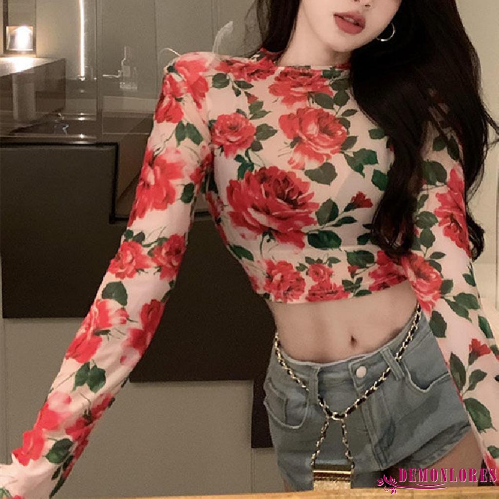 Áo Thun Crop Top Tay Dài Cổ Tròn In Họa Tiết Hoa Phong Cách Cổ Điển Thời Trang Xuân Thu Dành Cho Nữ