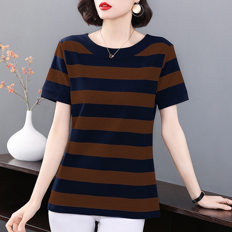 Áo Thun Ngắn Tay Dáng Rộng Họa Tiết Kẻ Sọc Phong Cách Phương Tây Thời Trang Mùa Hè 2023 Mới
