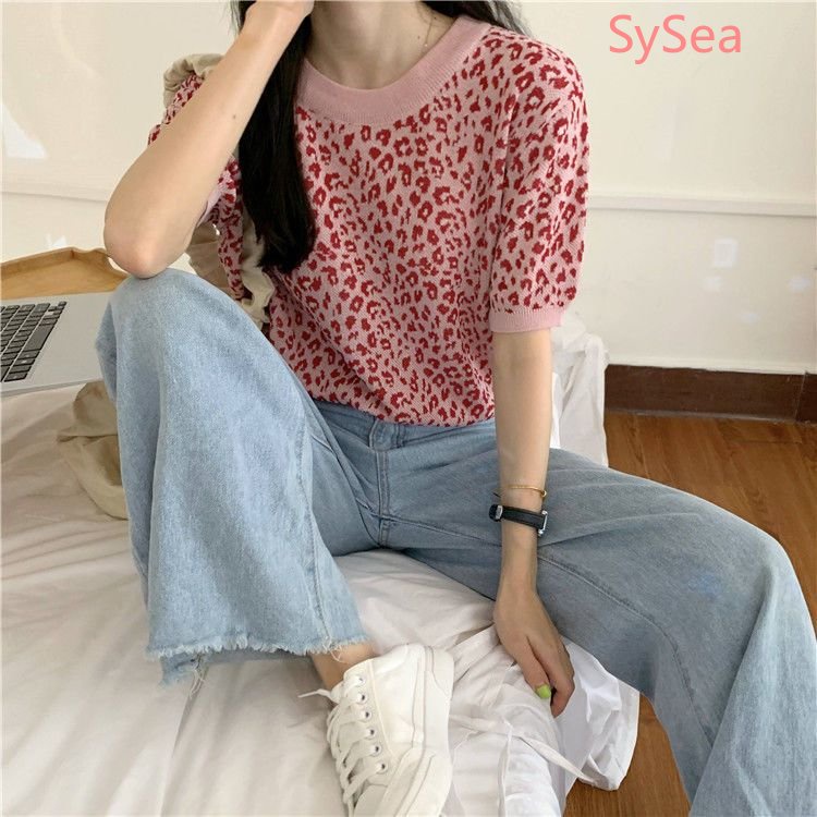 Áo Dệt Kim Cổ Tròn Dáng Rộng Họa Tiết Da Báo Cá Tính Cho Nữ