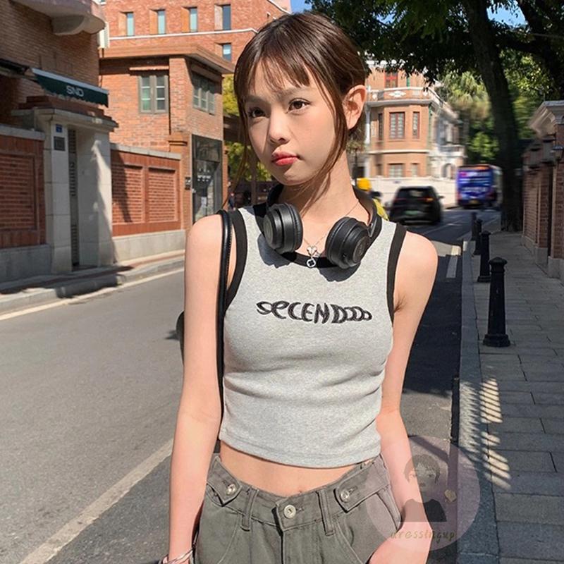 Áo Tank Top Sát Nách Cổ Tròn Hoạ Tiết Chữ Thêu Màu Sắc Tương Phản Thời Trang Mùa Hè