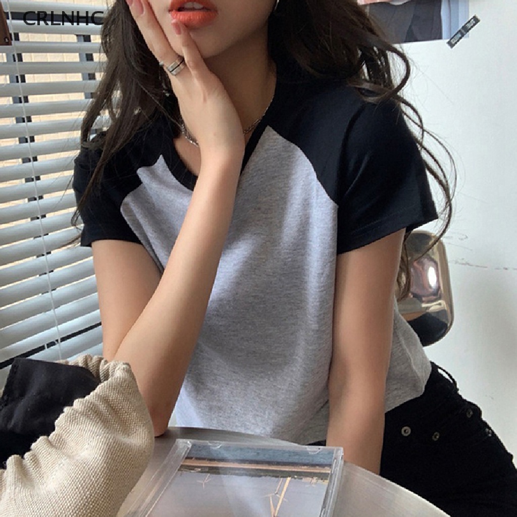 CRLNHC Áo Thun Croptop Tay Ngắn Cổ Tròn Màu Sắc Tương Phản Thời Trang Mùa Hè Cho Nữ