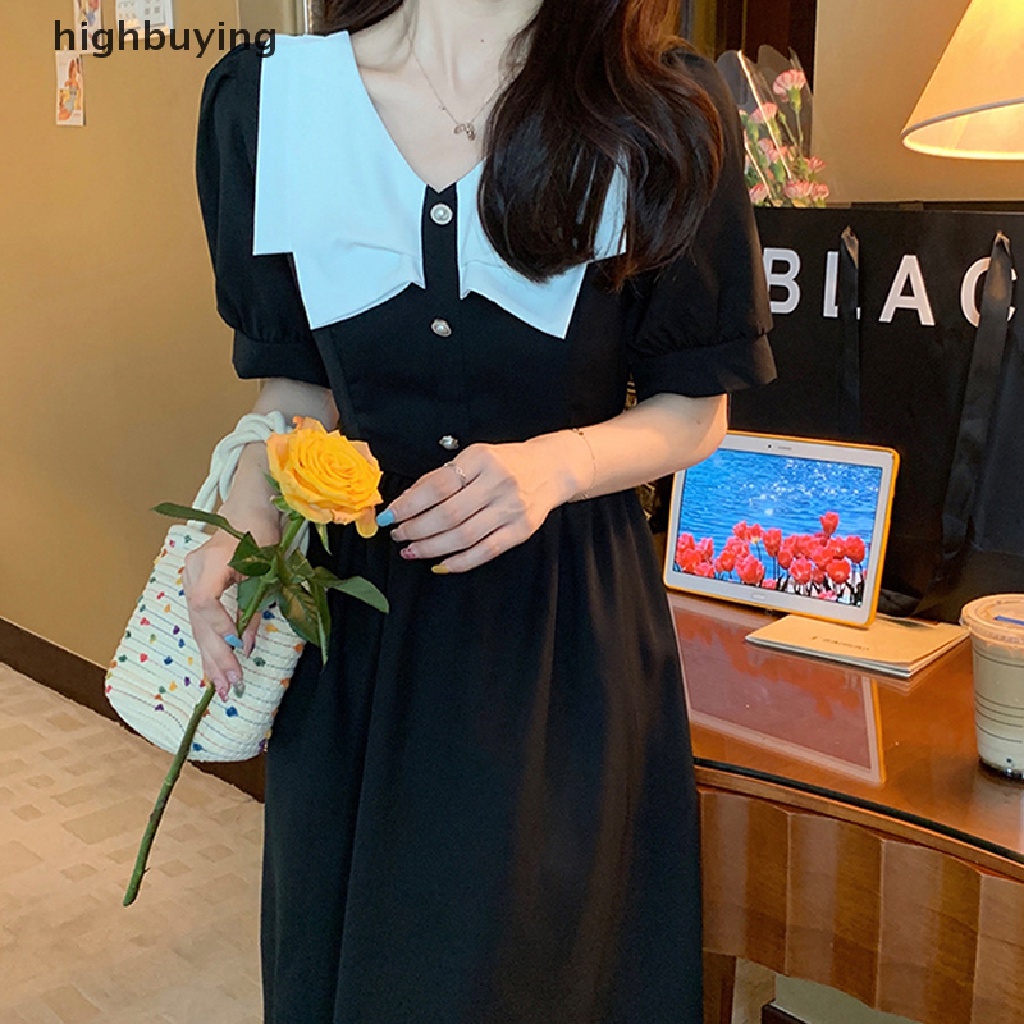 Đầm Midi Tay Ngắn Cổ Peter Pan Eo Cao Phong Cách Pháp Thanh Lịch Cho Nữ
