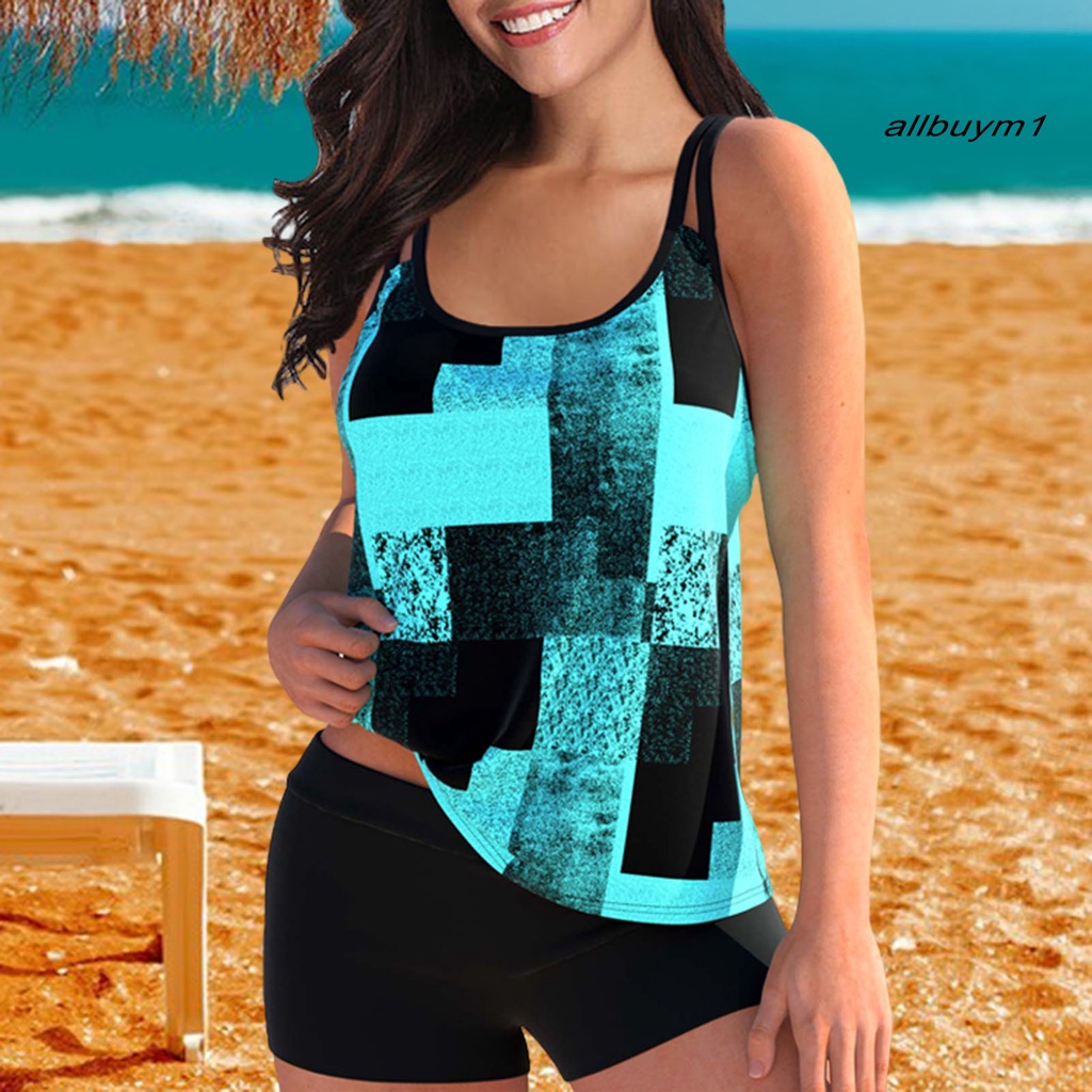 Bộ Đồ Bơi 2 Mảnh Gồm Áo Không Tay + Quần Ngắn In Họa Tiết Khối Màu Có Dây Đeo Cổ Kích Thước Lớn Cho Nữ