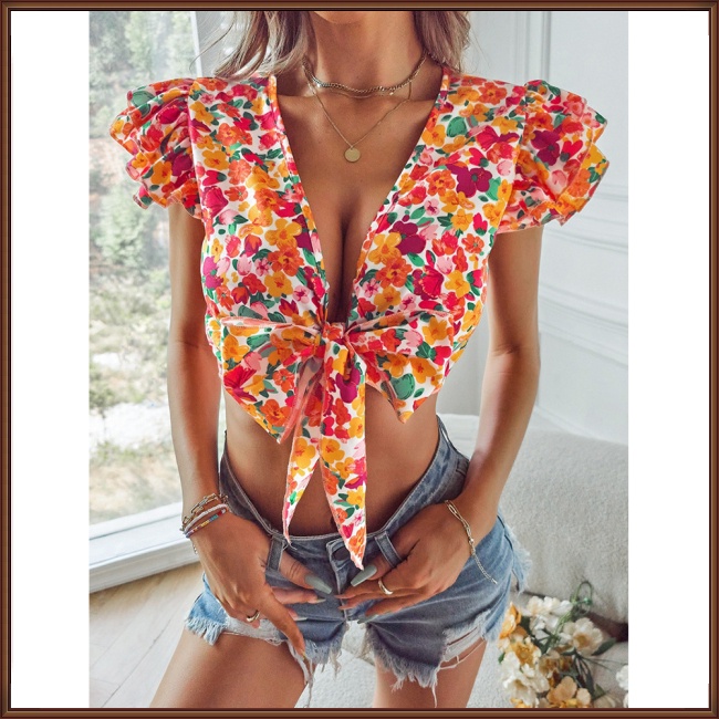 Áo Croptop Chiffon Tay Ngắn Dáng Rộng In Họa Tiết Hoa Đính Nơ Thời Trang Mùa Hè Xinh Xắn Cho Nữ